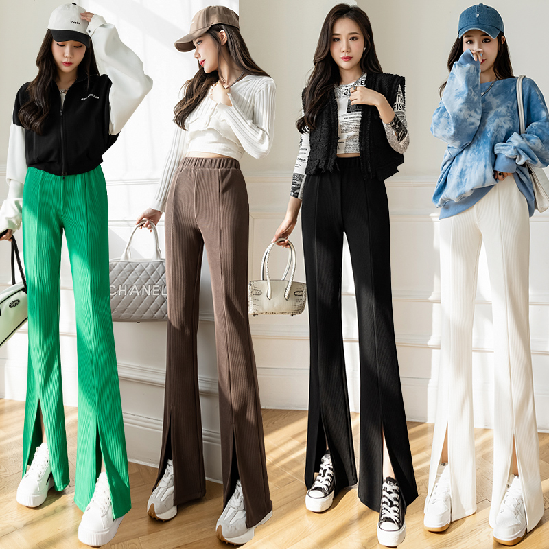 Live shooting 2022 spring high waist thin hanging feeling split wide leg flared pants women's loose floor straight casual pants