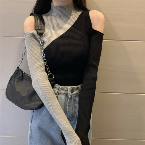 New style of foreign style design with off shoulder stitching and color contrast knitted bottoming shirt