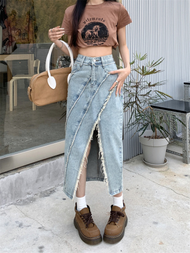 Real shot retro raw edge high waist slit denim skirt  spring new women's design sense A-line long skirt