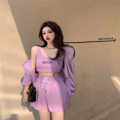 Suit women's 2021 new summer coat suspender wide leg shorts net red three piece set