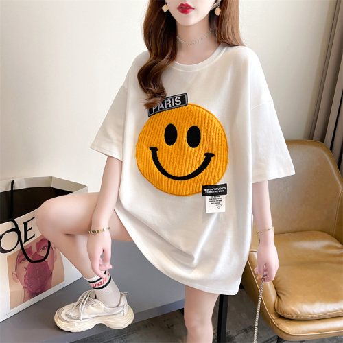 Real shooting summer smiling face paste loose large half sleeve medium and long shirt short sleeve t-shirt female