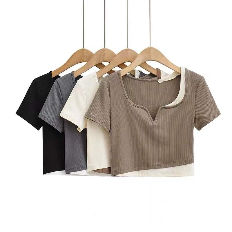 Ice thread 250g design fake two piece color matching Short Sleeve T-Shirt New Short navel exposed top women