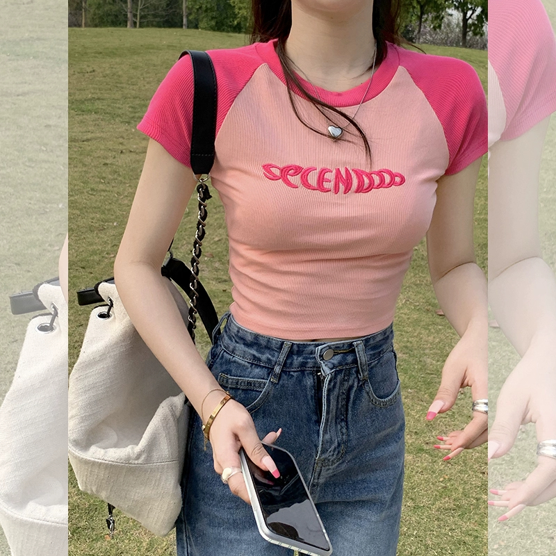 Pink shoulder t-shirt women's short-sleeved hit color 2023 summer new T-shirt slim fit short tight top