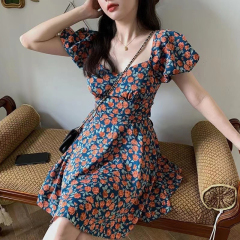 Design sense French retro niche salty and sweet petite gentle style puff sleeve floral dress women summer