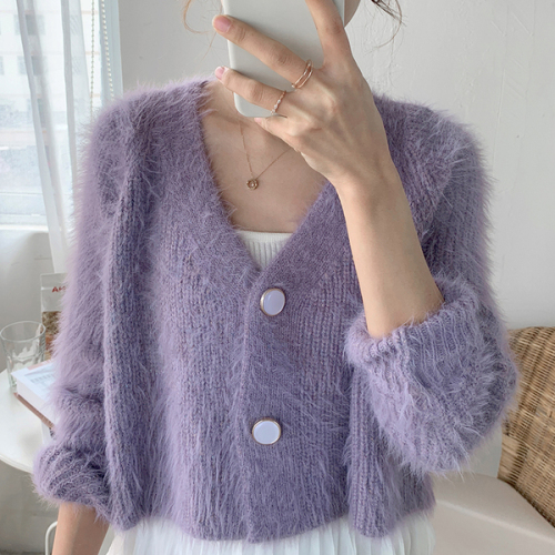 Fairy purple sweater cardigan women's 2020 autumn new short mink mohair sweater coat