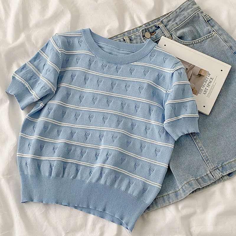 Contrast color striped woolen sweater women's wear summer 2022 new casual versatile short straight top trend