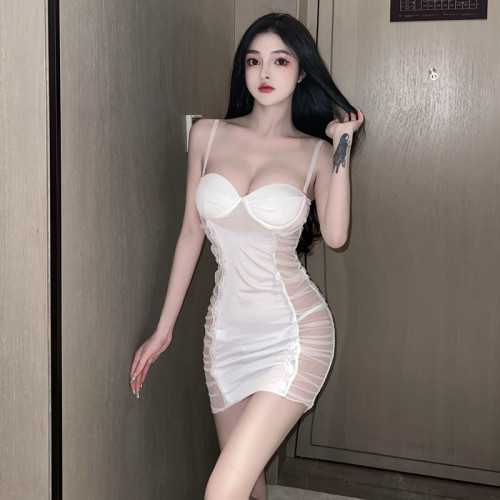 Real shot ~ Sexy mesh perspective pure white suspender with bra slim wrap hip dress female