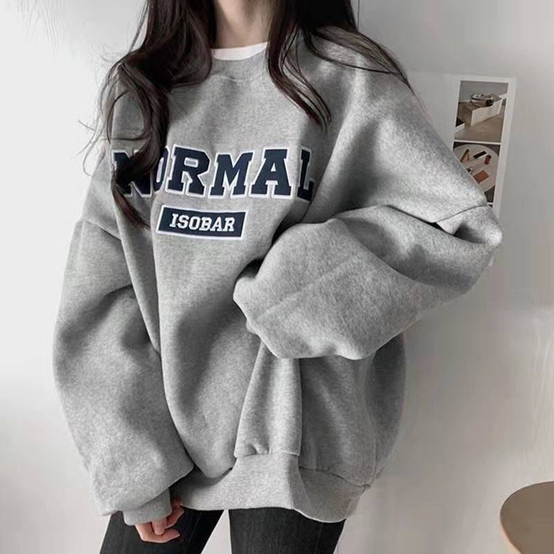 Thin gray capless round neck sweater women's loose mid-length autumn and winter Korean version thickened bf lazy wind long-sleeved top