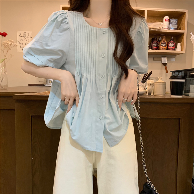 Actual shot and real price New Korean style summer loose and gentle style round neck puff sleeve shirt for women pleated age-reducing top