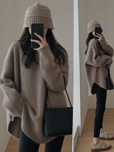 Raccoon fleece sweater women's autumn and winter mid-length lazy wind design loose thickened knitted bottoming shirt for outerwear in winter