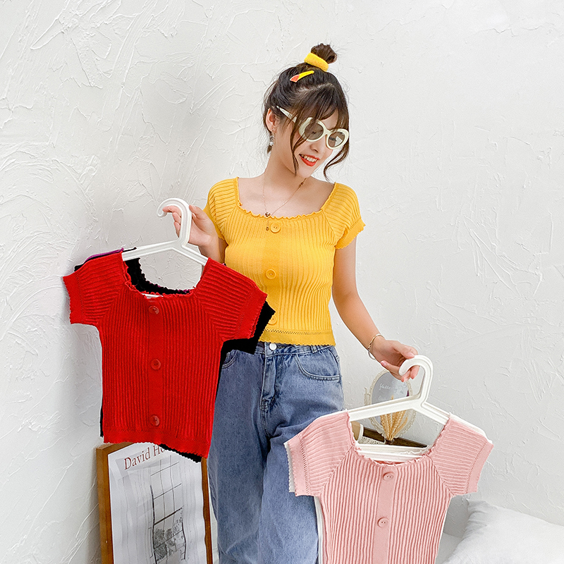 Korean version of foreign style wooden ear edge slim fit show thin off shoulder thin Knitted Top