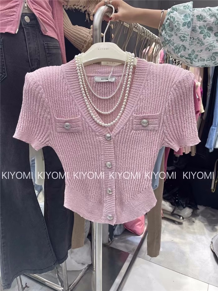 KIYOMI2023 spring and summer new Korean style short-sleeved tops women's slim V-neck short-sleeved sweaters