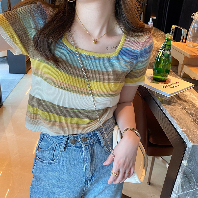 Knitted short sleeve T-shirt women's summer 2022 square neck design sense of minority Rainbow Stripe slim short top