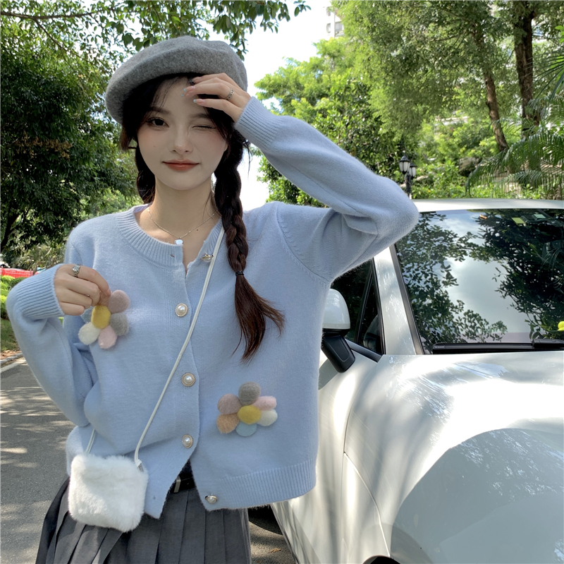 Grumpy~Large size round neck sweater autumn and winter sweet three-dimensional flowers fat mm knitted cardigan top coat women