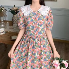 French first love sweet short sleeve floral dress female student retro doll collar bubble sleeve Medium Long Floral Dress