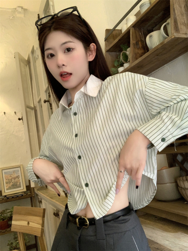 Real price real price Spring new color contrast stitching POLO collar all-match simple short section slim long-sleeved shirt women