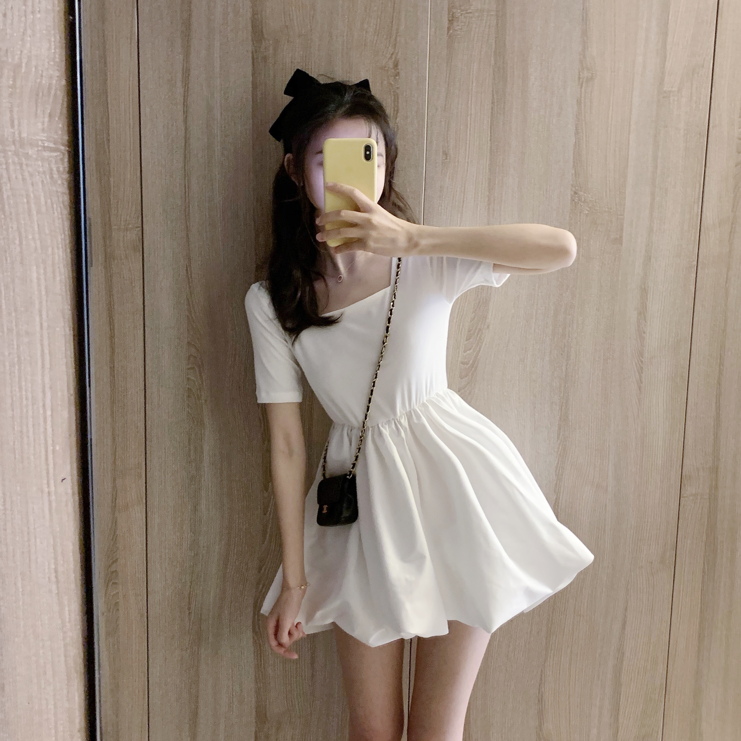Real picture square neck white dress female Xia