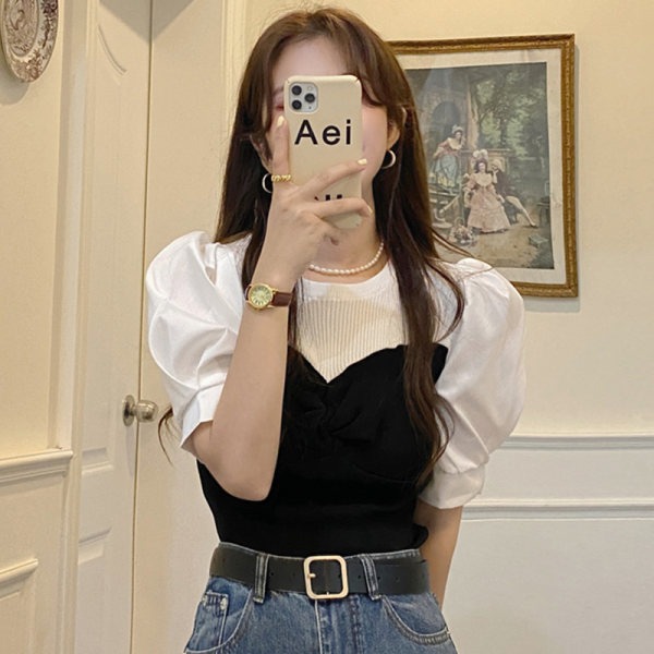Bubble sleeve chic short top women's new summer design sense of minority slim fit short sleeve T-shirt French pure style