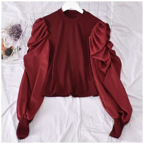 Korean autumn and winter new style bubble Lantern Sleeve closure thread stitching shirt for women