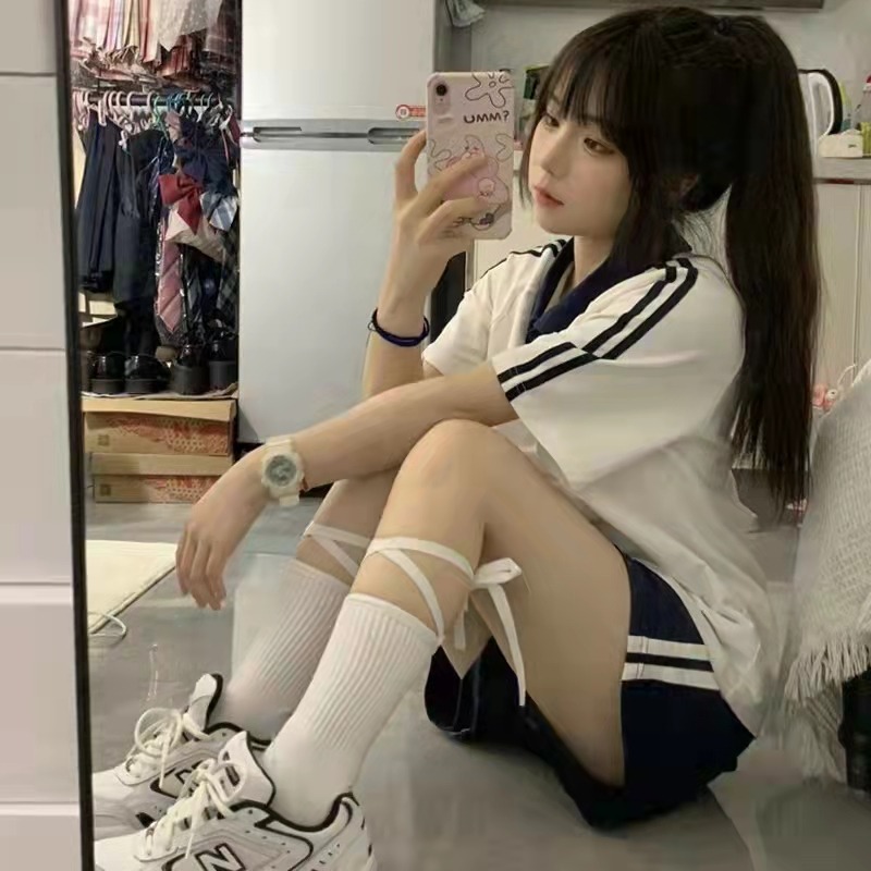 Japanese soft girls sportswear women's summer new loose color matching POLP collar short sleeved top + shorts