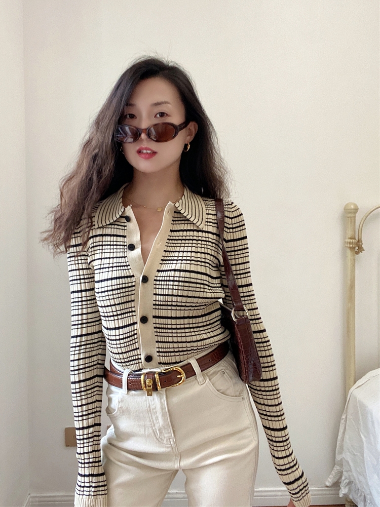 French retro knitted cardigan women's spring 2022 new striped single-breasted slim short wool knitted long-sleeved top