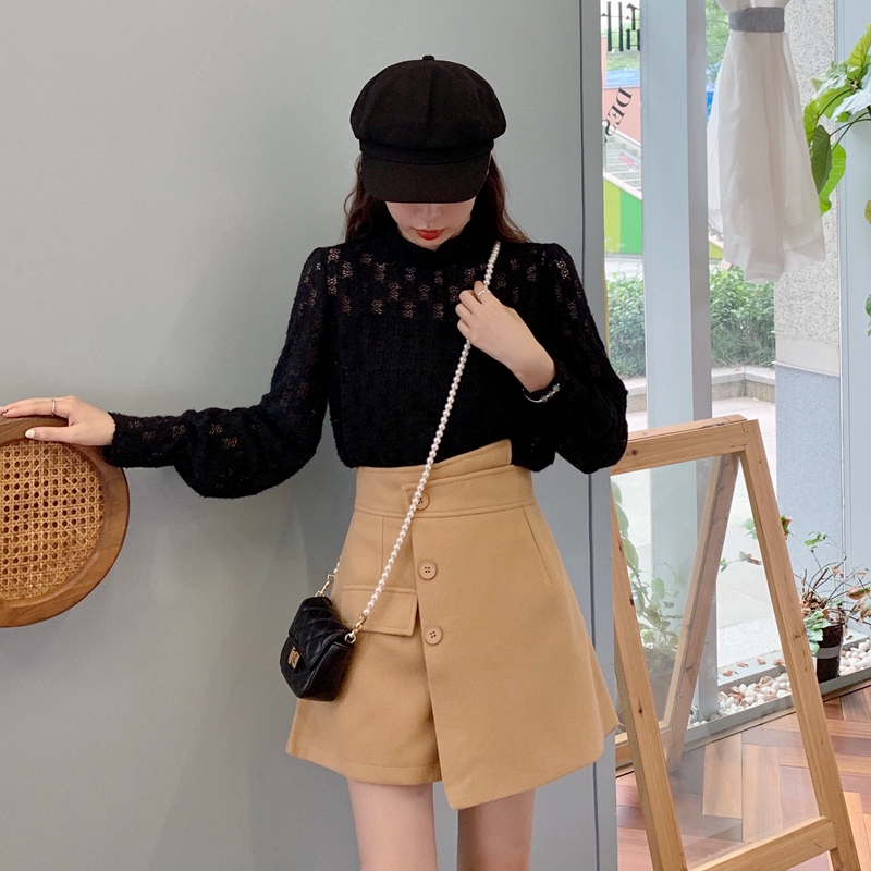 Real shooting autumn dress large size fat mm hollow frosted thickened lace shirt + tweed Skirt Set