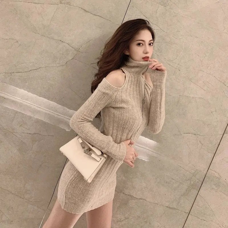 2021 imitation cashmere yarn black grey Khaki three color autumn and winter temperament off shoulder high neck dress