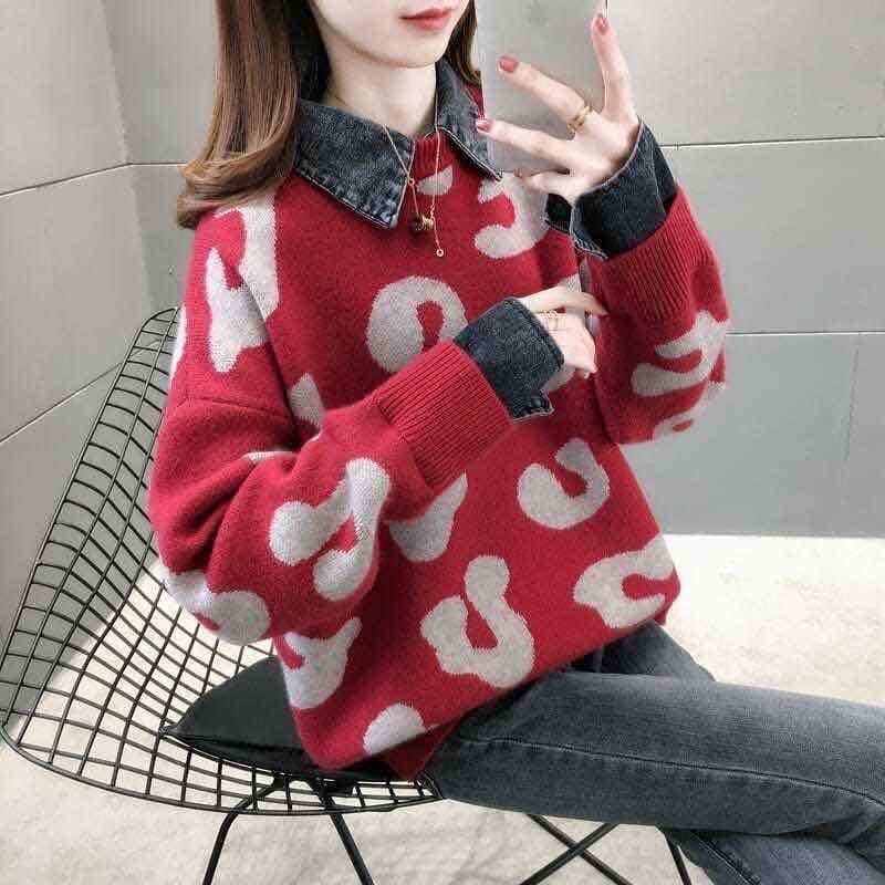 Denim shirt collar stitching winter 2020 new women's sweater loose leopard style fake two piece Knitted Top