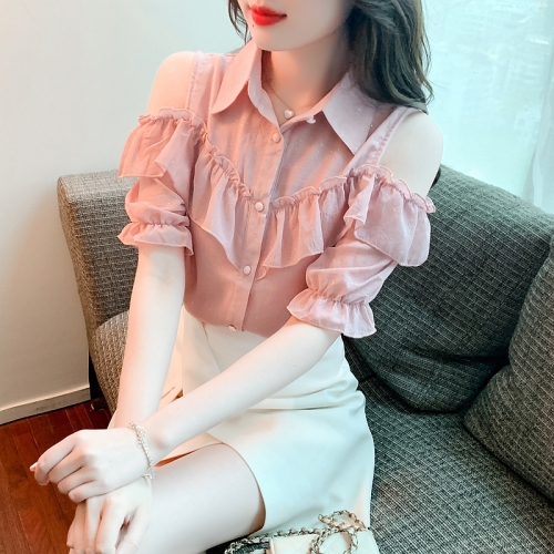 Chiffon women's clothes 2022 new summer clothes high-end fashion short sleeved off shoulder shirt women's foreign style small shirt