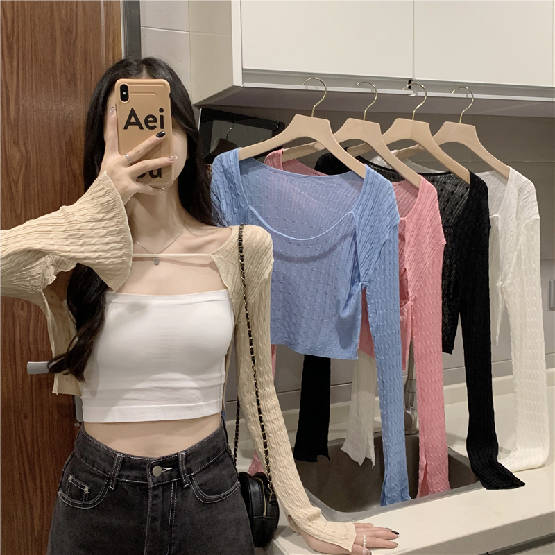 Real price real price French small vest shoulder shawl summer with suspender skirt and smock short woven sunscreen cardigan jacket