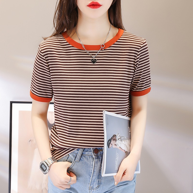 Real time striped short sleeve T-shirt women's 2022 new summer half sleeve loose contrast color bottomed shirt T-shirt top