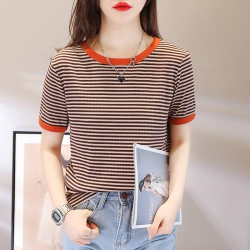 Real time striped short sleeve T-shirt women's  new summer half sleeve loose contrast color bottomed shirt T-shirt top