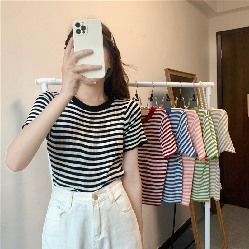 Thin striped ice silk T-shirt women's summer slim fit short knit top high waist 2022 new short sleeves