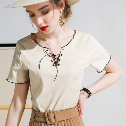 Loose short sleeve T-shirt women's Korean 2020 new summer design sense wood ear apricot small fragrant T-Shirt Top