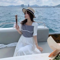 Square neck flared sleeve stitched Plaid fake two-piece dress 2022 summer waist slim solid medium length skirt