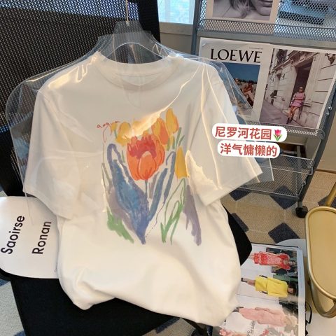 Tulip flower print short sleeve t-shirt female summer niche chic casual versatile student top