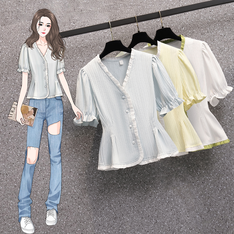 Real size women's 2022 summer dress new slightly fat sister foreign style waist slimming belly temperament short sleeve shirt
