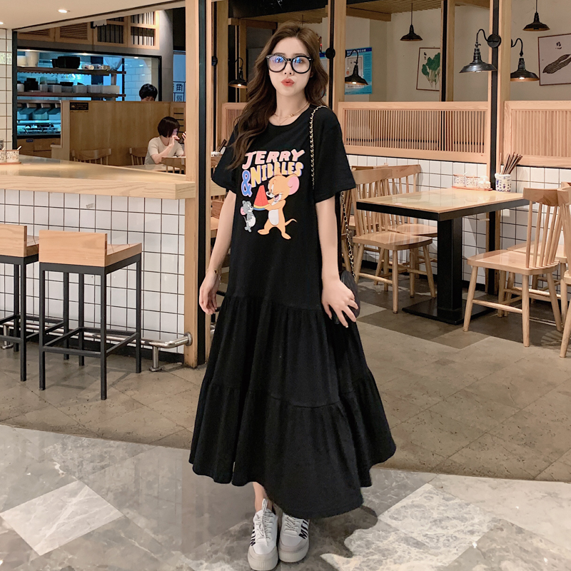 Plus-size women's clothing 2023 summer new cute cartoon stitching dress short-sleeved mid-length T-shirt women's loose