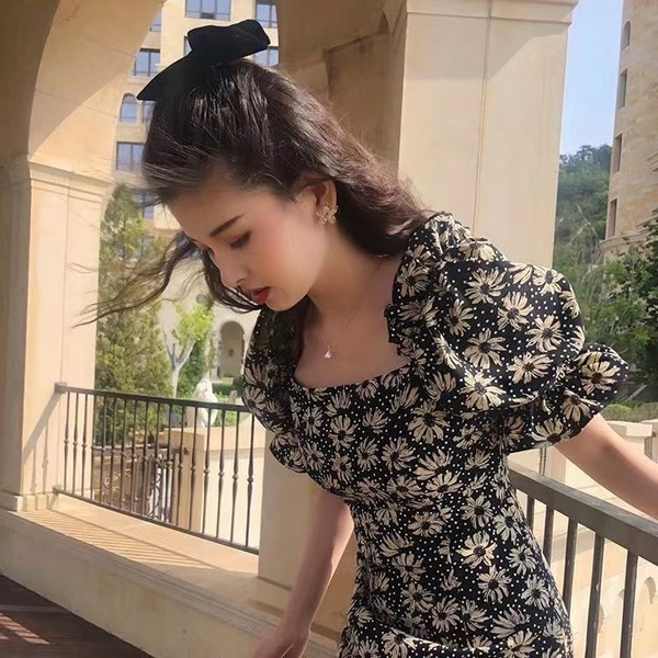 Vintage square neck dress summer 2022 skirt new minority design women's dress slim daisy print skirt