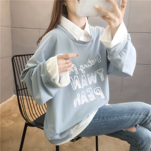 Spring real shot casual loose long-sleeved plus size women's thin top fake two-piece sweater