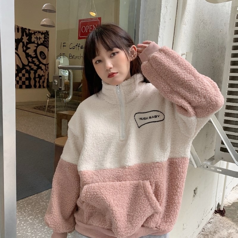 Women's contrast color granular cashmere plus cotton thickened lamb cashmere stand collar semi zipper Pullover Sweater in autumn and winter
