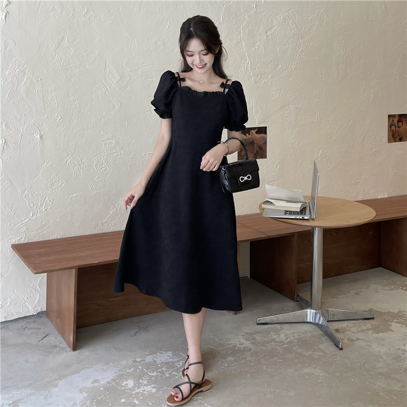 Square collar puff sleeve dress women's summer 2023 new French Hepburn style little black dress plus size women's clothing