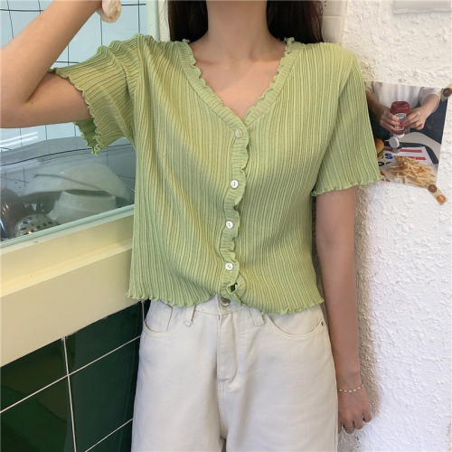 Real photo real price new summer V-neck knitted short sleeve cardigan with ear edge for women