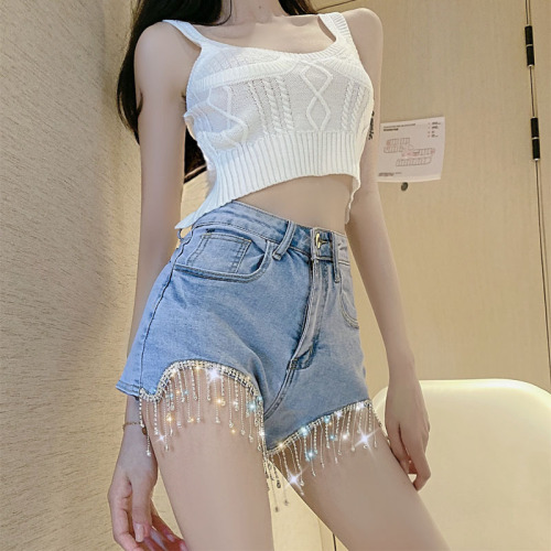 Real shot denim shorts women's new summer net red high waist show thin and bright diamond heavy industry fringe sexy tights trend
