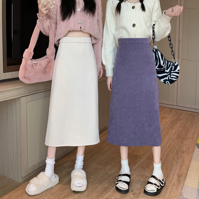 Corduroy skirt women plus velvet thick autumn and winter Korean version 2022 new high waist thin mid-length slit skirt
