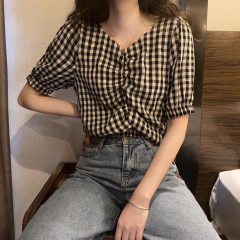 Official figure fiber Plaid Shirt women's design V-neck short sleeve shirt high waist short