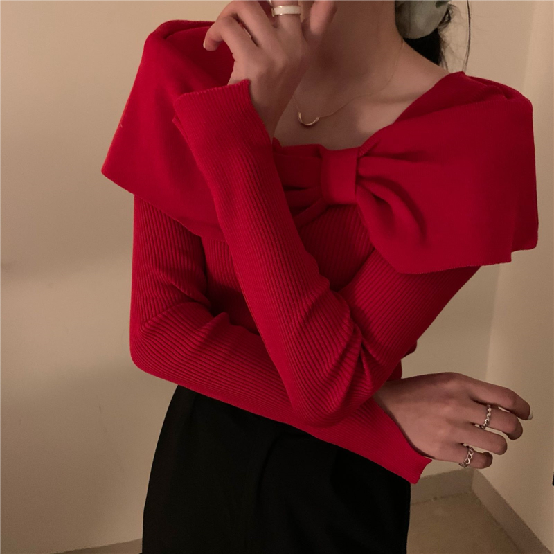 Korean version of careful machine bow straight neck slim knit Pullover Top