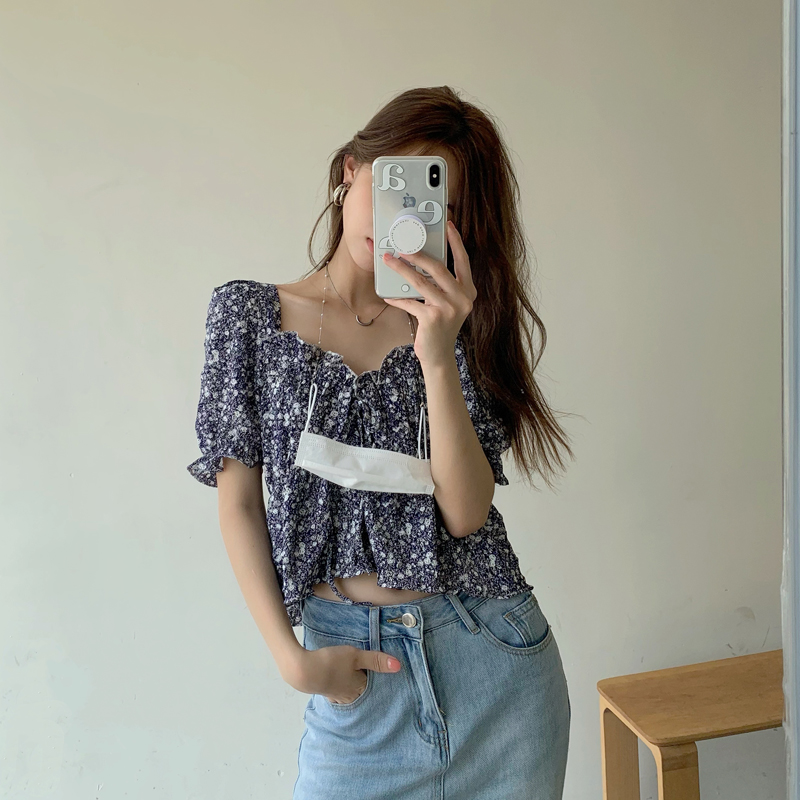 Real price niche short Chiffon floral top French bubble sleeve shirt