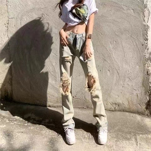 Spring and summer Spice Girl hole straight jeans female vibe high waist high street tide ins beggar personality hiphop fried Street