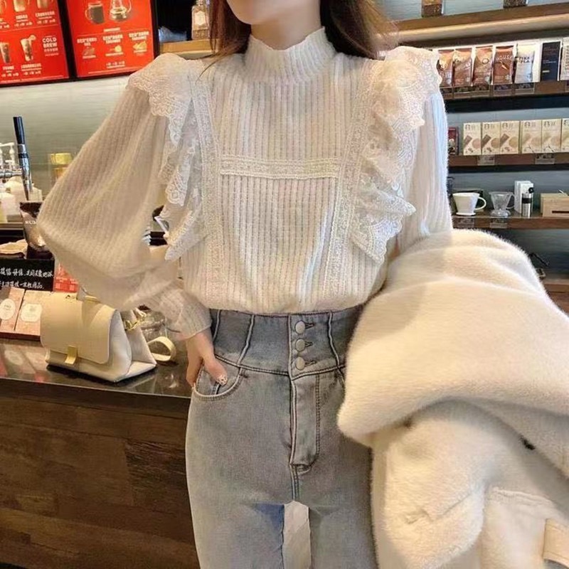 French long sleeved Lace Ruffle bottomed shirt with thin lace inside, half high collar shirt, top m-4xl200 Jin